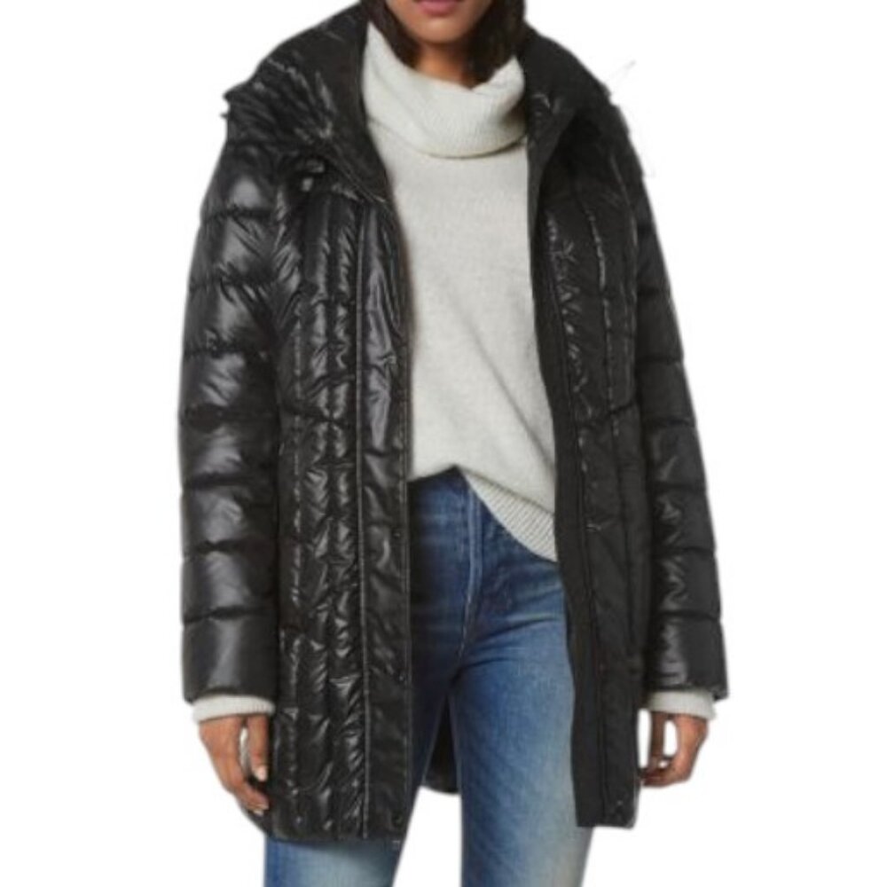 Andrew Marc packable down filled long hooded puffer jacket black women's size S